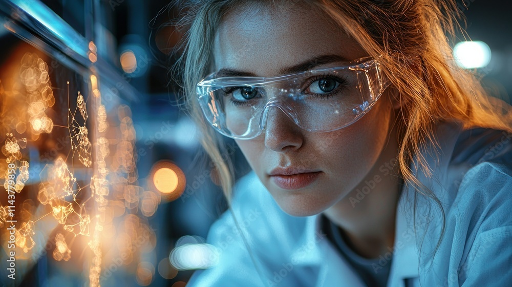 Poster scientist examining data with a focused expression.