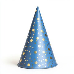 Fototapeta premium Blue party hat with gold pattern of dots, isolated on white background