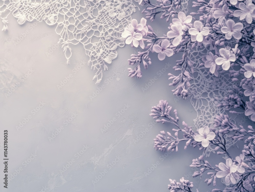Poster delicate lace and pastel florals arranged beautifully on a soft gray backdrop capturing elegance and