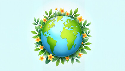 Earth Day banner featuring a vibrant globe surrounded by leaves and flowers symbolizing nature