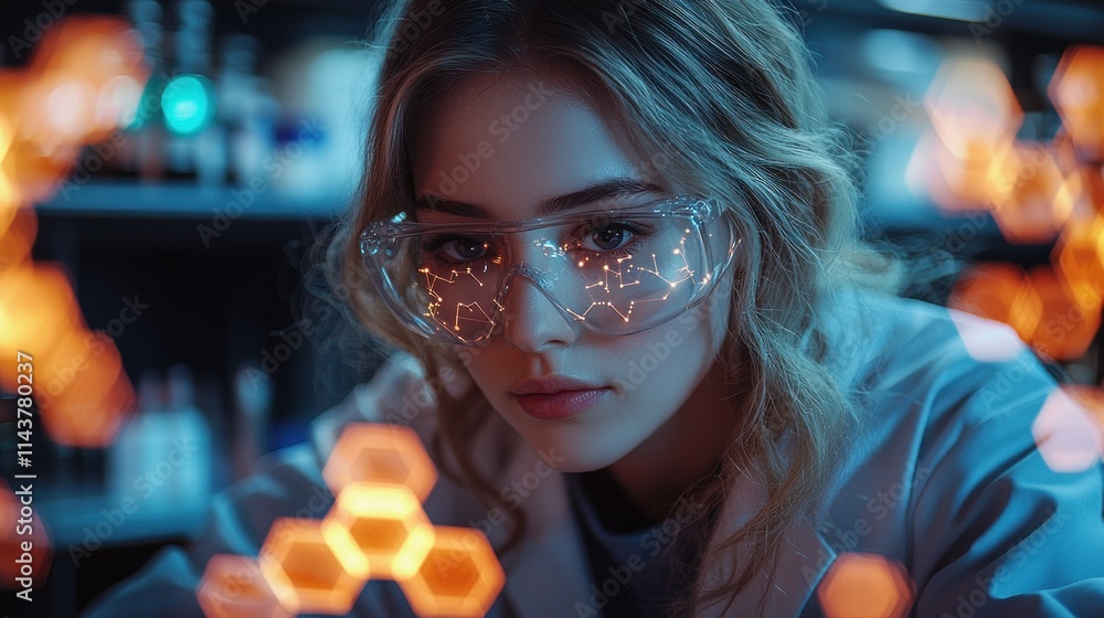 Poster scientist examining molecular structures with goggles on.