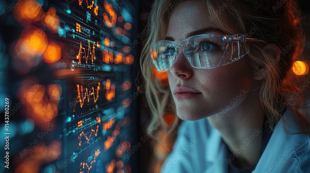 Poster scientist analyzing data with digital screens in background.