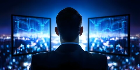 A person in a suit views two glowing monitors displaying data visuals against a city skyline at night. Concept Business Professional, Nighttime Cityscape, Data Visualization