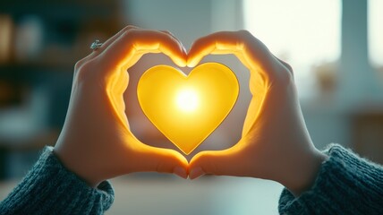 Fototapeta premium love heart moment glow concept. Hands forming a heart shape with glowing light inside.