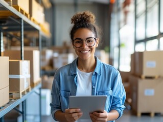Smiling female manager using digital tablet, managing inventory in warehouse