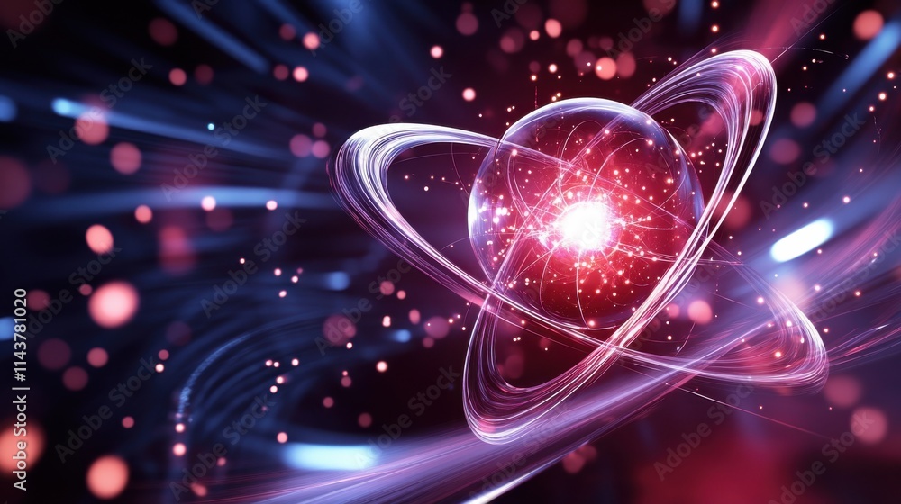 Poster A vibrant representation of atomic structure showcasing electrons orbiting a glowing nucleus in a cosmic background