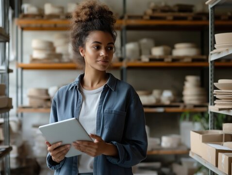 Female ceramist managing inventory with digital tablet in pottery workshop