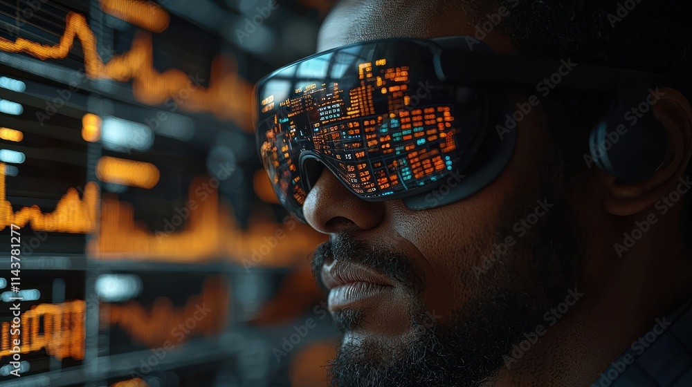 Aufkleber man wearing vr headset with data visualizations reflected.