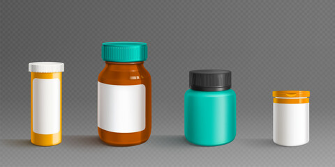 Plastic supplement pill bottle. White medicine jar mockup. 3d vitamin package blank vector mock up. Capsule box with empty label and lid. Clear realistic pharmaceutical drug powder can template