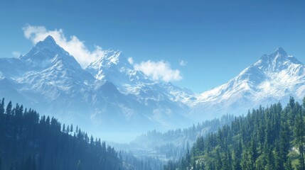 Breathtaking view of majestic snow-capped mountains under a clear blue sky with lush green forests in the foreground capturing nature's beauty