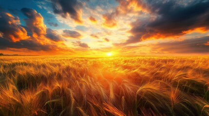 A breathtaking sunset casts golden hues over a vast wheat field, highlighting nature's beauty at dusk in rural landscapes