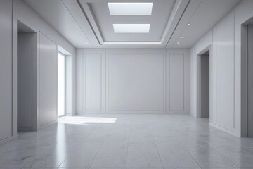 a view of a empty room with a skylight and a tiled floor