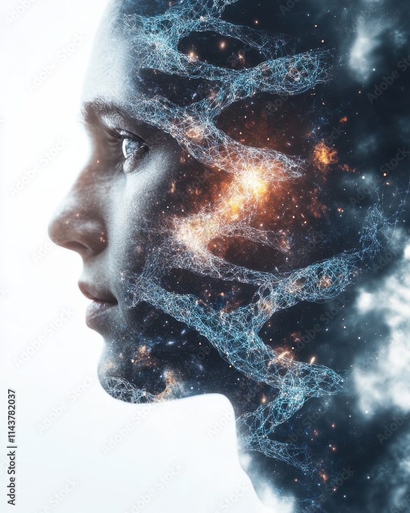 Poster A double exposure of a scientist's face with cosmic elements shows the link between science and the universe