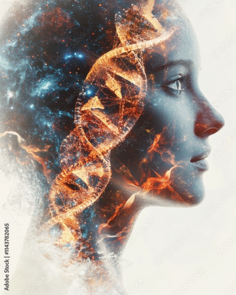 Poster a double exposure of a scientist’s face blending with cosmic elements and dna to symbolize knowledge
