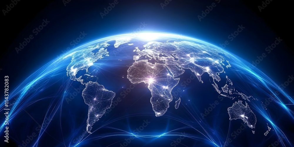 Poster a digital representation of earth from space, showcasing continents illuminated by light and interco