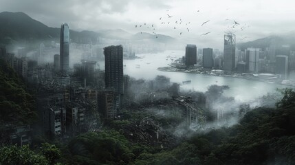 Obraz premium A haunting view of distant Hong Kong ruins surrounded by mist and overgrown vegetation reveals the city's lost grandeur and forgotten stories