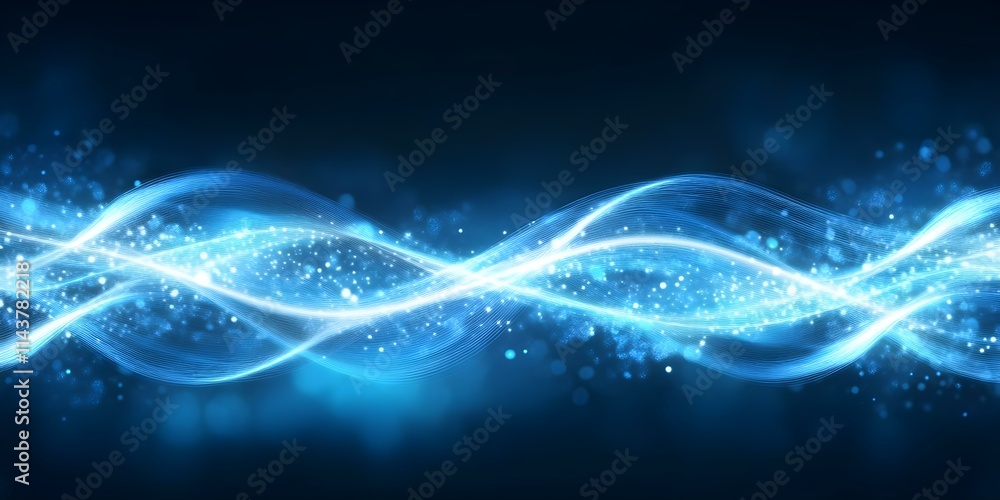 Poster a dynamic wave of glowing blue light with sparkling particles, creating a fluid, ethereal effect aga