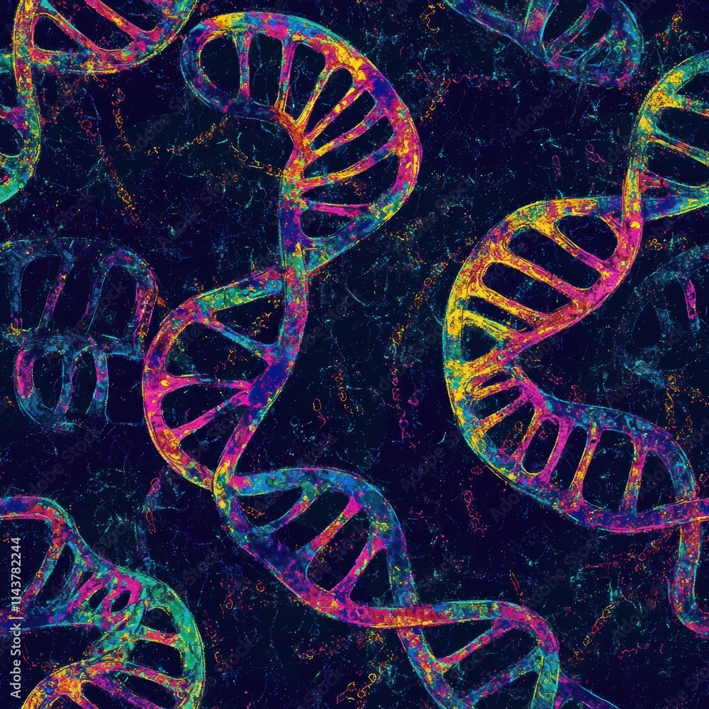 Poster vibrant double-helix dna strands against a dark backdrop, illustrating complex genetic structures in