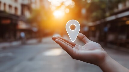 Modern, clean hand holding a white location pin icon, Generative AI