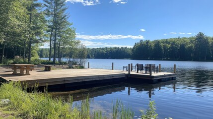 Lakeside dock with picnic table and seating area.