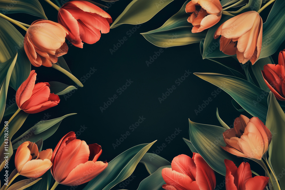 Poster black background with a large red flower in the center surrounded by smaller red flowers. the flower