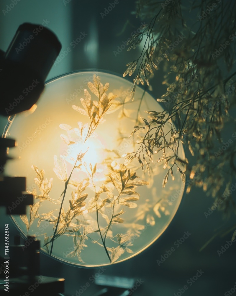 Poster close-up view of delicate wild plant life illuminated by soft light in a laboratory setting