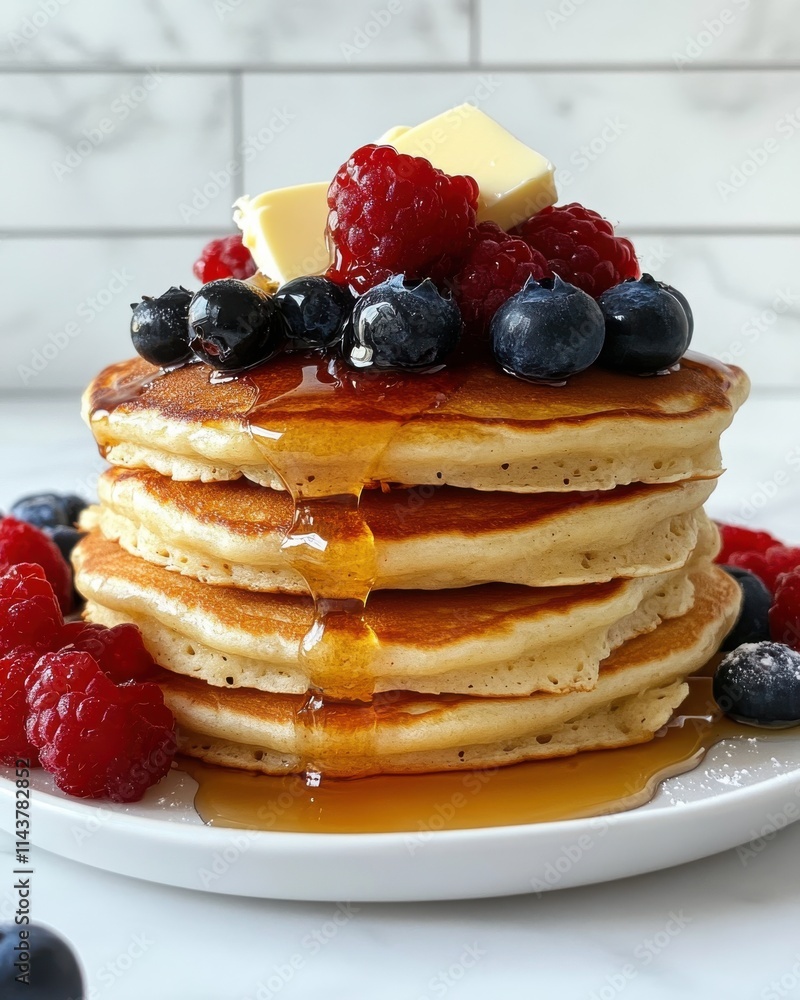 Aufkleber a tempting stack of fluffy pancakes topped with fresh berries and dripping syrup on a white plate in