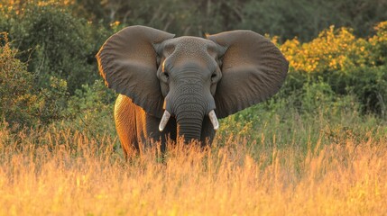 Fototapeta premium A bull African elephant with tusks flapping its ears stands proudly in the grasslands of Hluhluwe Imfolozi Game Reserve. The sun sets in the background, casting a warm