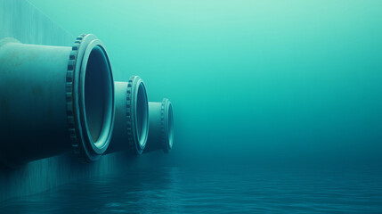 Underwater pipes create mysterious atmosphere in tranquil blue environment, showcasing industrial design submerged in calm water.