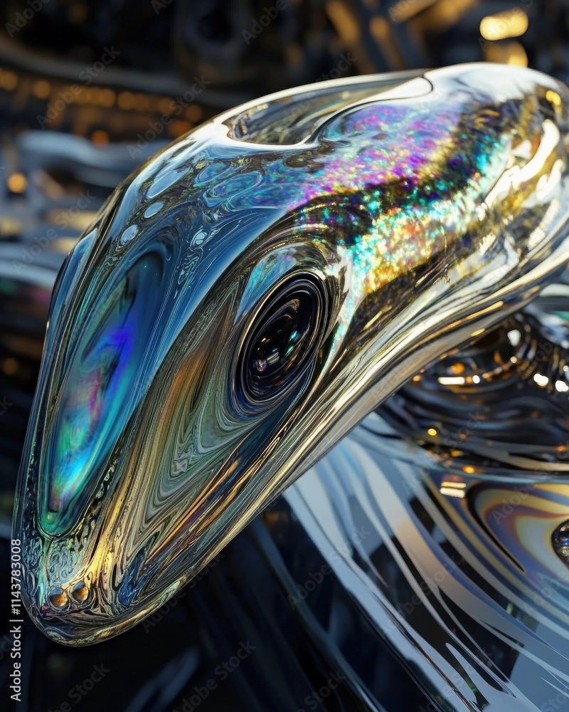 Fototapete a close-up view of a uniquely designed alien spacecraft featuring intricate, iridescent details refl