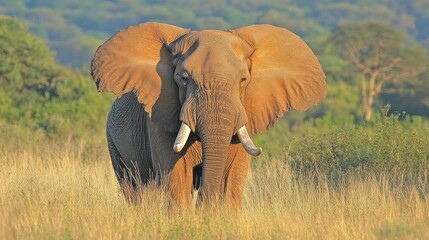 Fototapeta premium A large adult bull elephant, with its massive tusks flapping its ears, stands in the tall grasses of Hluhluwe Imfolozi Game Reserve. The sun is high in the sky