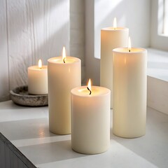 Set of pillar candles with flames illuminated