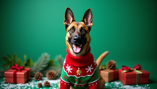 a cheerful belgian malinois dog its fur a rich brown Christmas theme background