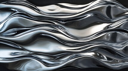 A smooth, flowing abstract design featuring silver waves on a dark background.