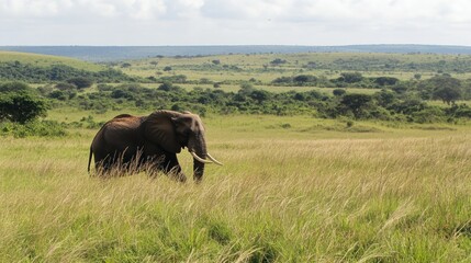 Fototapeta premium A majestic African bull elephant, with large tusks and flapping ears, strides through the grasslands of Hluhluwe Imfolozi. The endless plains stretch before it,