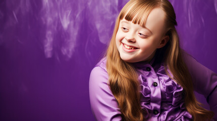 Naklejka premium Portrait of smiling laughing teenage girl with Down syndrome purple background.