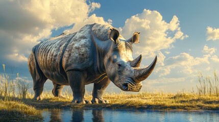 Obraz premium A stunning image of a white rhino near a waterhole in KwaZulu-Natal, South Africa. The large form contrasts beautifully with the sparse grasslands and the clear blue water of the waterhole.