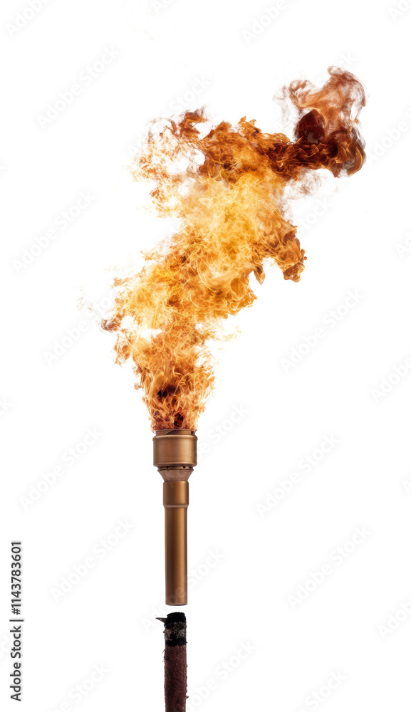 Poster a lit torch with vibrant flames emitting from the top, creating a striking display of fire.