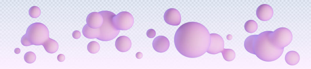 Abstract floating spherical blobs in soft pink and purple gradient. Smooth rounded holographic shapes flow on transparent background. Realistic 3d vector set of fluid decorative metaball elements.