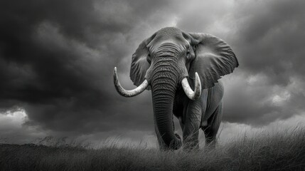 Fototapeta premium At Hluhluwe Imfolozi, a powerful adult bull elephant flaps its ears in the midst of the open grasslands. Its massive tusks catch the light as it moves gracefully through the wild terrain.