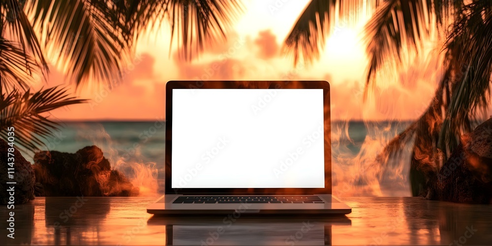 Poster a blank laptop sits on a table with a vibrant sunset and palm trees in the background, creating a se