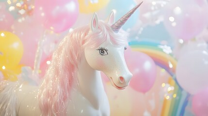 Pastel unicorn toy amidst rainbow balloons.
