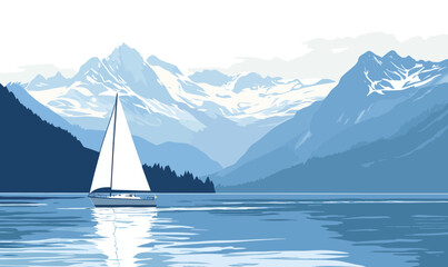 Naklejka premium Minimalist Vector of Sailboat on Lake Geneva with Swiss Alps Scenery for Tranquil Travel Themes