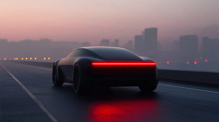 sleek, futuristic car with glowing red lights drives on city road at dusk, showcasing modern design and technology.