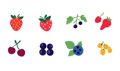 Flat Minimalist Berry Icons: Strawberry, Blueberry, Cherry, Raspberry, Sea Buckthorn Vector
