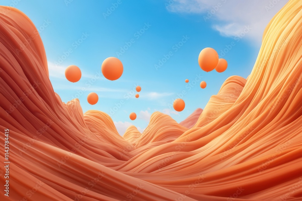 Poster abstract landscape with flowing orange waves and floating spheres under a bright blue sky capturing 