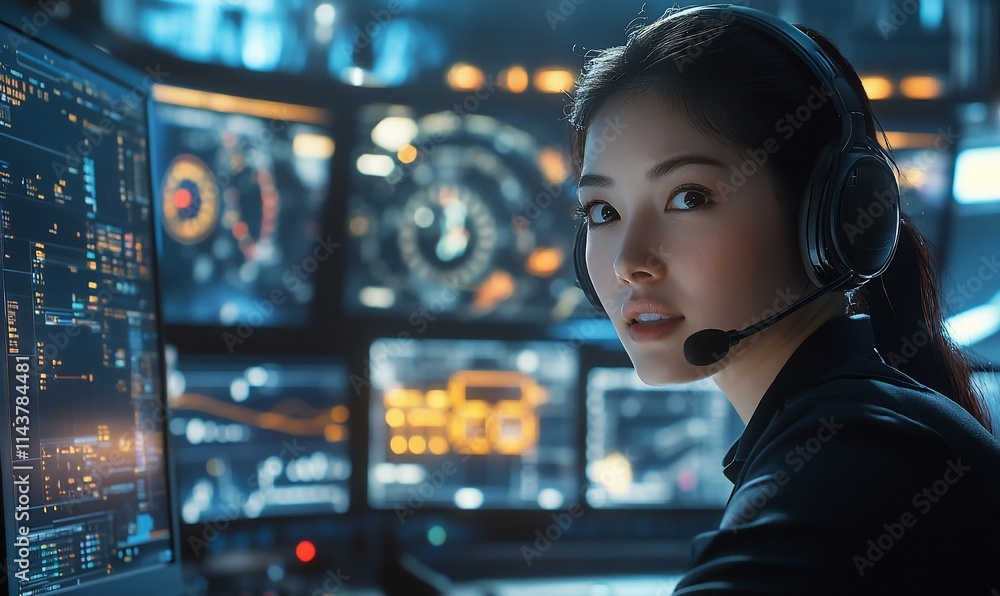 Poster a focused individual using advanced technology in a control center.