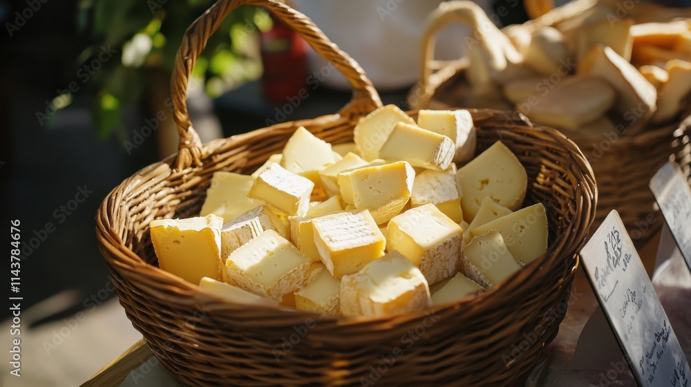 Aufkleber a colorful cheese basket filled with locally sourced varieties displayed at a farmers' market in the