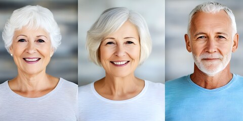 Fototapeta premium Three older adults with gray or white hair smiling warmly, showcasing a range of expressions in a soft-focus background. Concept Older Adults, Warm Smiles, Diverse Expressions
