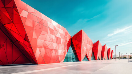 A bold red architectural structure featuring angular geometric shapes under a bright blue sky, creating a striking modern design..